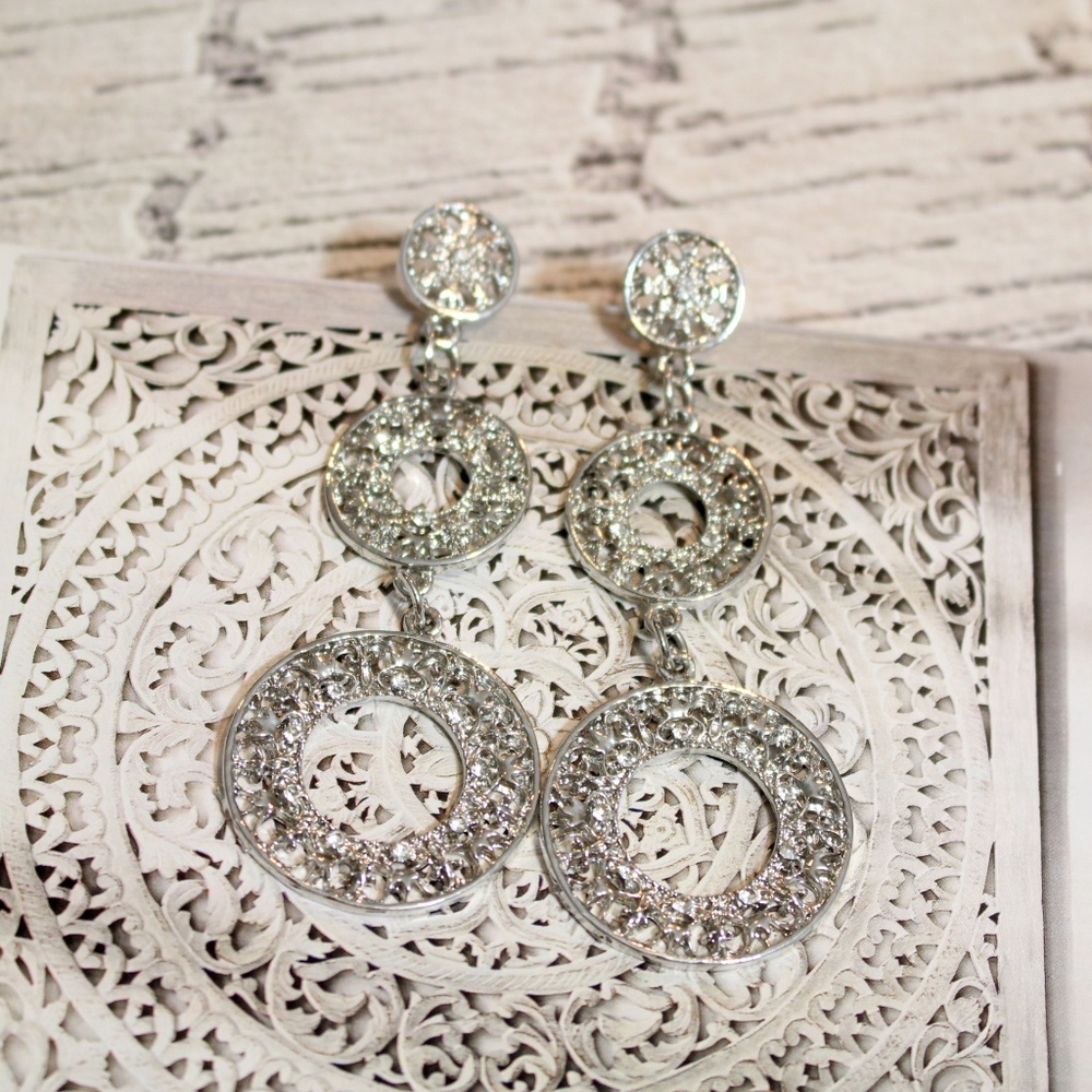 Silver Round Long Dangle Filigree Earrings
